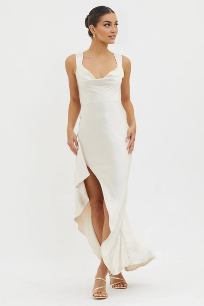 Elegant ruffled back tie, high side split, side zipper bridesmaid dress