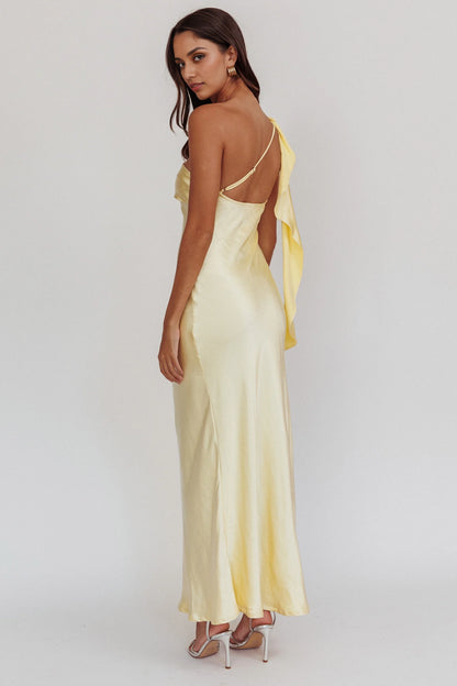 Elegant ruffled single shoulder strap satin extra long invisible side zipper bridesmaid dress