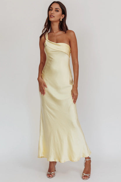 Elegant ruffled single shoulder strap satin extra long invisible side zipper bridesmaid dress
