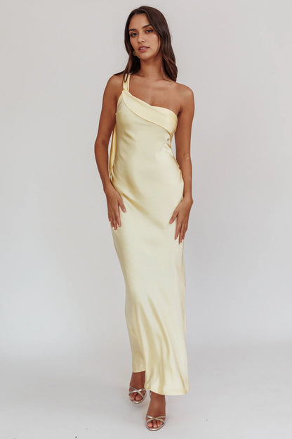 Elegant ruffled single shoulder strap satin extra long invisible side zipper bridesmaid dress