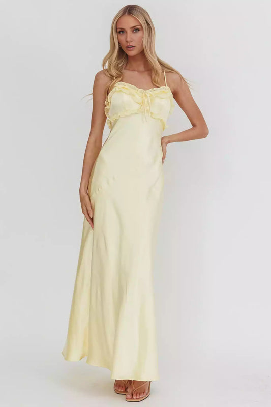 Elegant ruffle edge lining, chest strap, ruffle details, zipper on the side, Bridesmaid Dresses