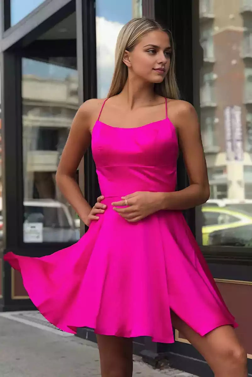 Elegant satin A-line silhouette with thin shoulder straps, round neck, cross shaped back, Homecoming Dresses