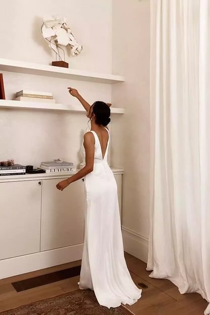 Elegant satin, extra long, fully lined, deep V-neck, unique silhouette with zippers on the sides Prom Dresses