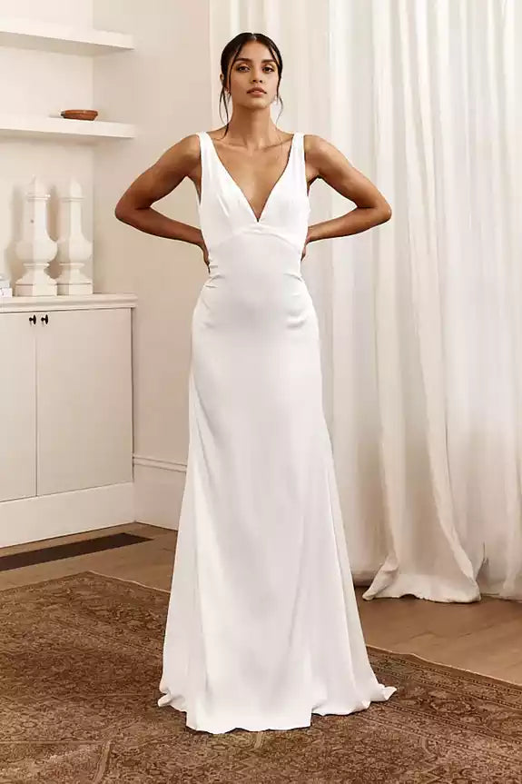 Elegant satin, extra long, fully lined, deep V-neck, unique silhouette with zippers on the sides Prom Dresses