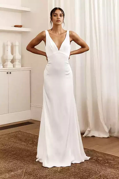 Elegant satin, extra long, fully lined, deep V-neck, unique silhouette with zippers on the sides Prom Dresses