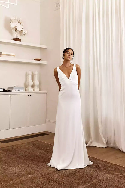 Elegant satin, extra long, fully lined, deep V-neck, unique silhouette with zippers on the sides Prom Dresses