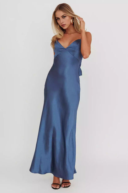 Elegant satin, extra long adjustable thin shoulder strap, backless bow, unlined invisible side zipper, Bridesmaid Dresses