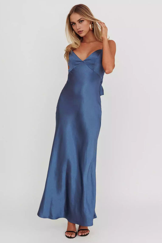 Elegant satin, extra long adjustable thin shoulder strap, backless bow, unlined invisible side zipper, Bridesmaid Dresses