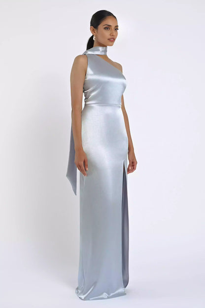 Elegant satin asymmetrical backless neckline with slit, tight corset, back zipper, Bridesmaid Dresses