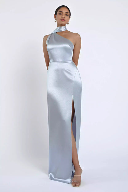 Elegant satin asymmetrical backless neckline with slit, tight corset, back zipper, Bridesmaid Dresses