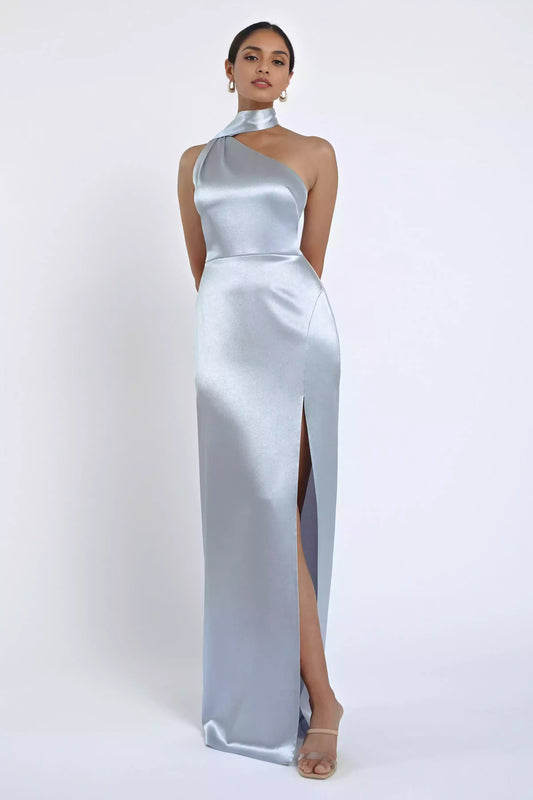 Elegant satin asymmetrical backless neckline with slit, tight corset, back zipper, Bridesmaid Dresses