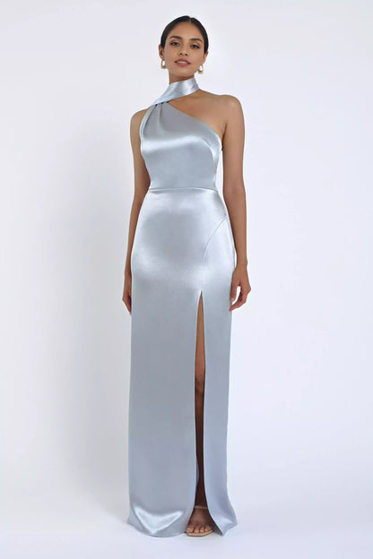 Elegant satin asymmetrical backless neckline with slit, tight corset, back zipper, Bridesmaid Dresses