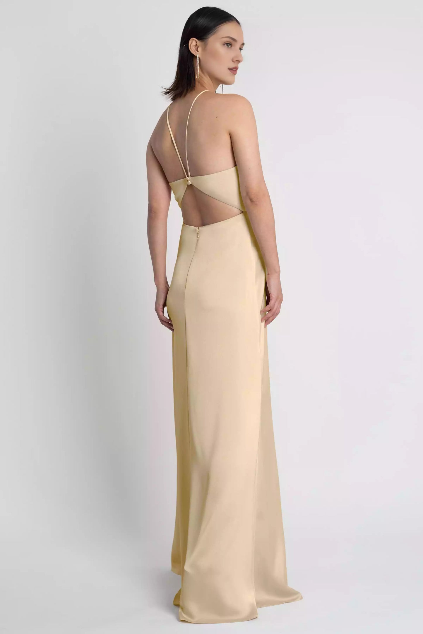 Elegant satin backless collar with thin shoulder straps, back hollowed out A-line side slit, tight corset, back zipper, Bridesmaid Dresses