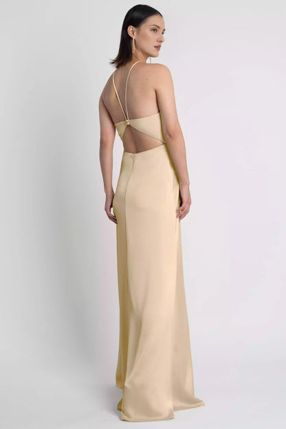 Elegant satin backless collar with thin shoulder straps, back hollowed out A-line side slit, tight corset, back zipper, Bridesmaid Dresses