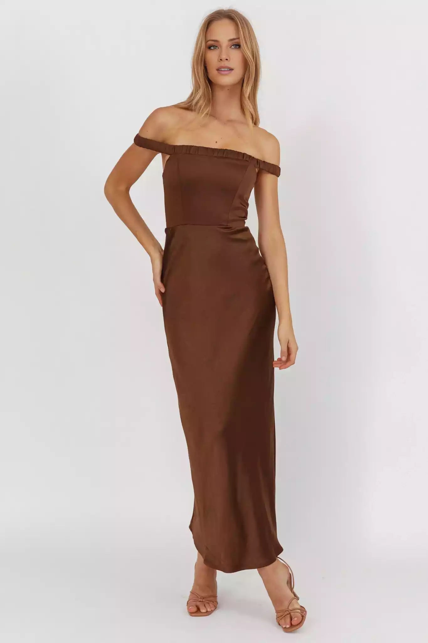 Elegant satin bust with lining, off shoulder elastic band, back with zipper Prom Dresses