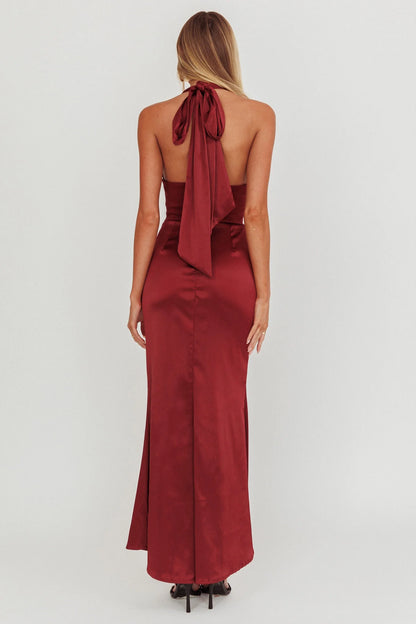 Elegant satin deep V-neck pleated tight corset hanging neck bridesmaid dress