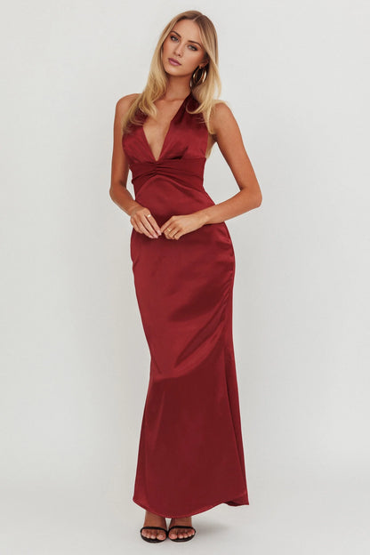 Elegant satin deep V-neck pleated tight corset hanging neck bridesmaid dress