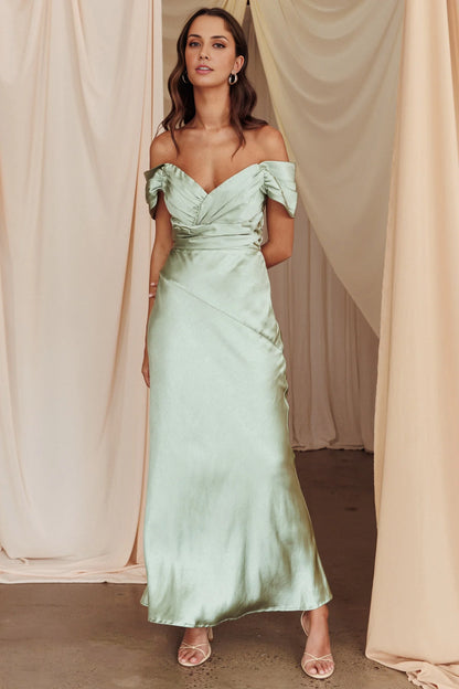 Elegant satin extra long shoulder tight corset with invisible zipper bridesmaid dress
