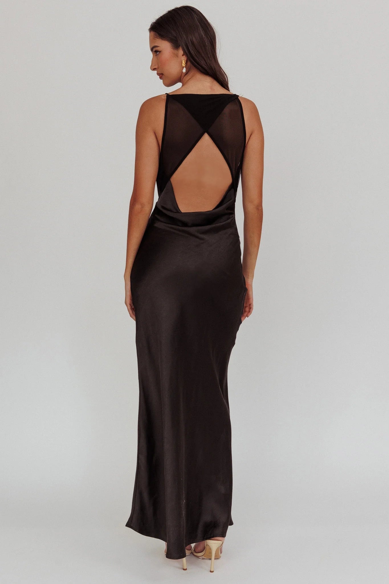 Elegant satin extra long unlined scarf collar with hollowed out mesh back bridesmaid dress