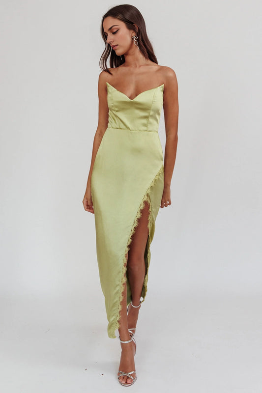 Elegant satin off shoulder strapless lace trimmed medium length bridesmaid dress