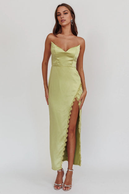 Elegant satin off shoulder strapless lace trimmed medium length bridesmaid dress