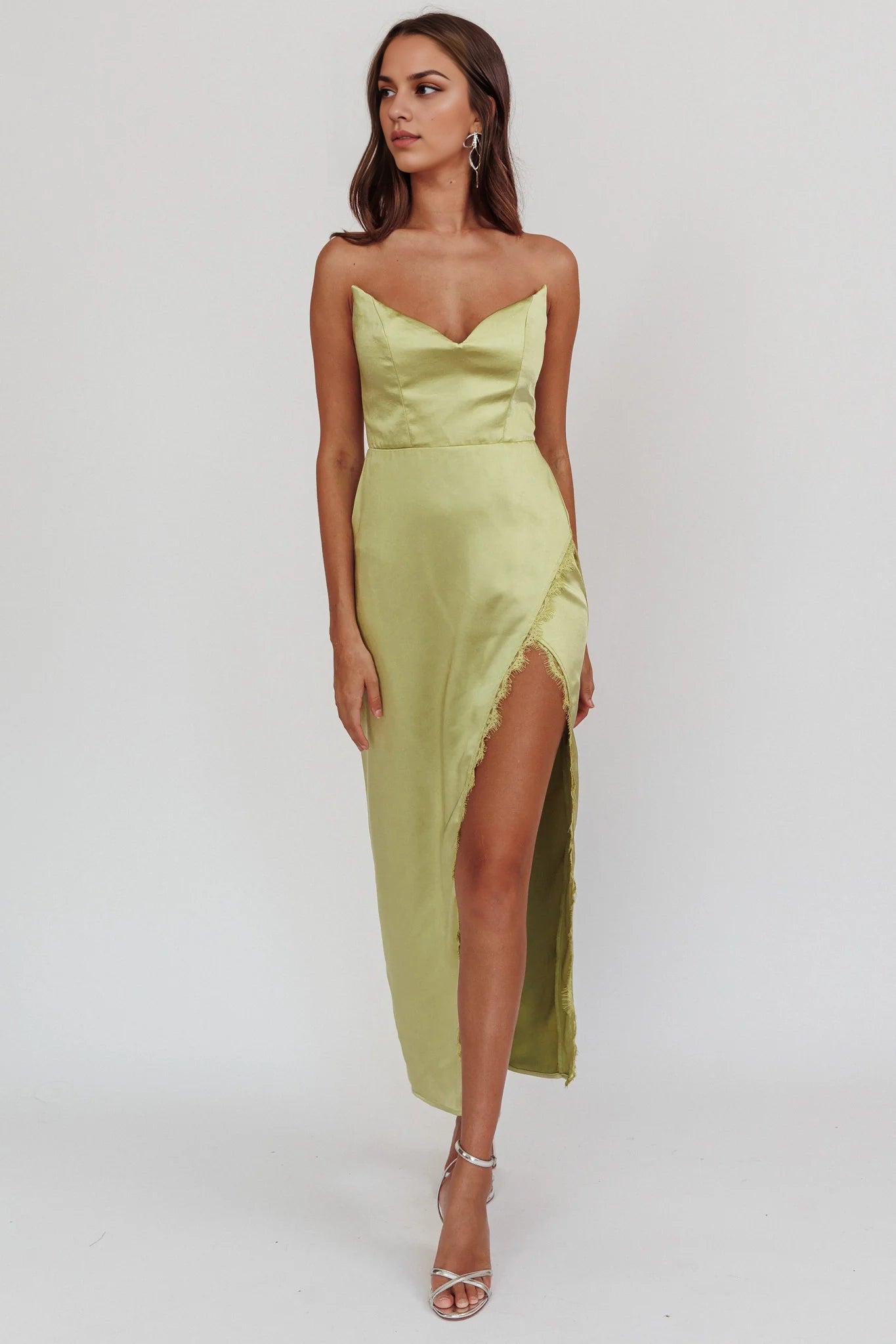 Elegant satin off shoulder strapless lace trimmed medium length bridesmaid dress