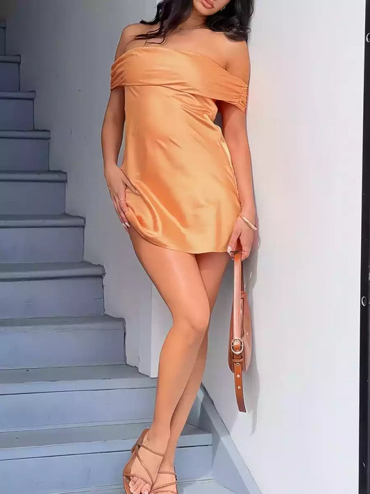 Elegant satin slim fit cut off shoulder collar short sleeveless zipper back Homecoming Dresses