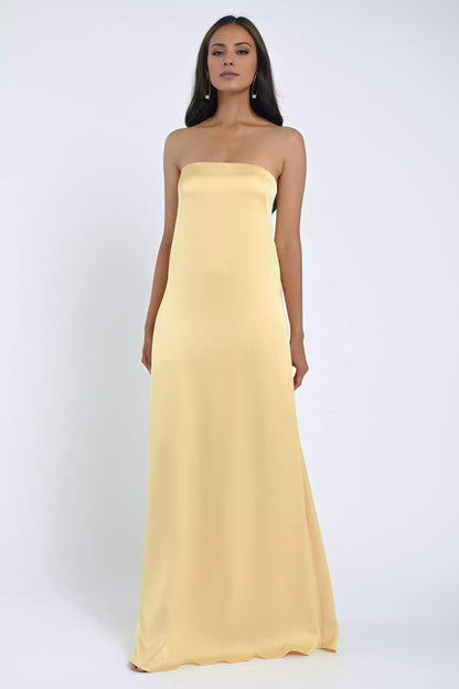 Elegant satin straight tube off shoulder collar with tight silhouette and a back zipper Bridesmaid Dresses