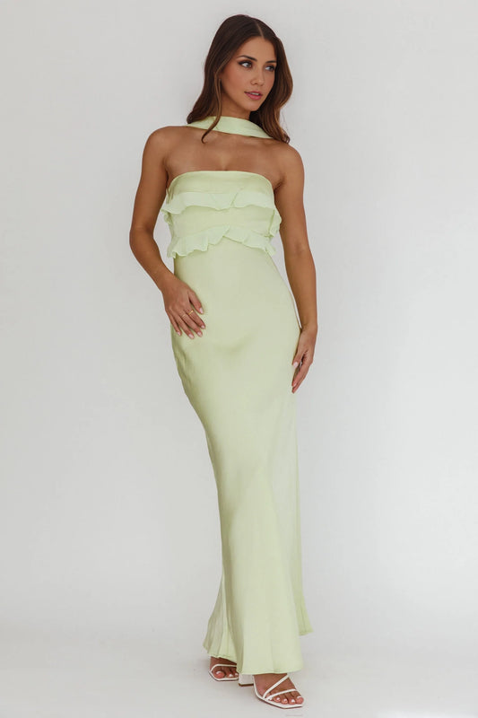 Elegant satin ultra long reverse hanging neck ruffled strapless bridesmaid dress
