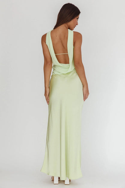 Elegant satin ultra long reverse hanging neck ruffled strapless bridesmaid dress