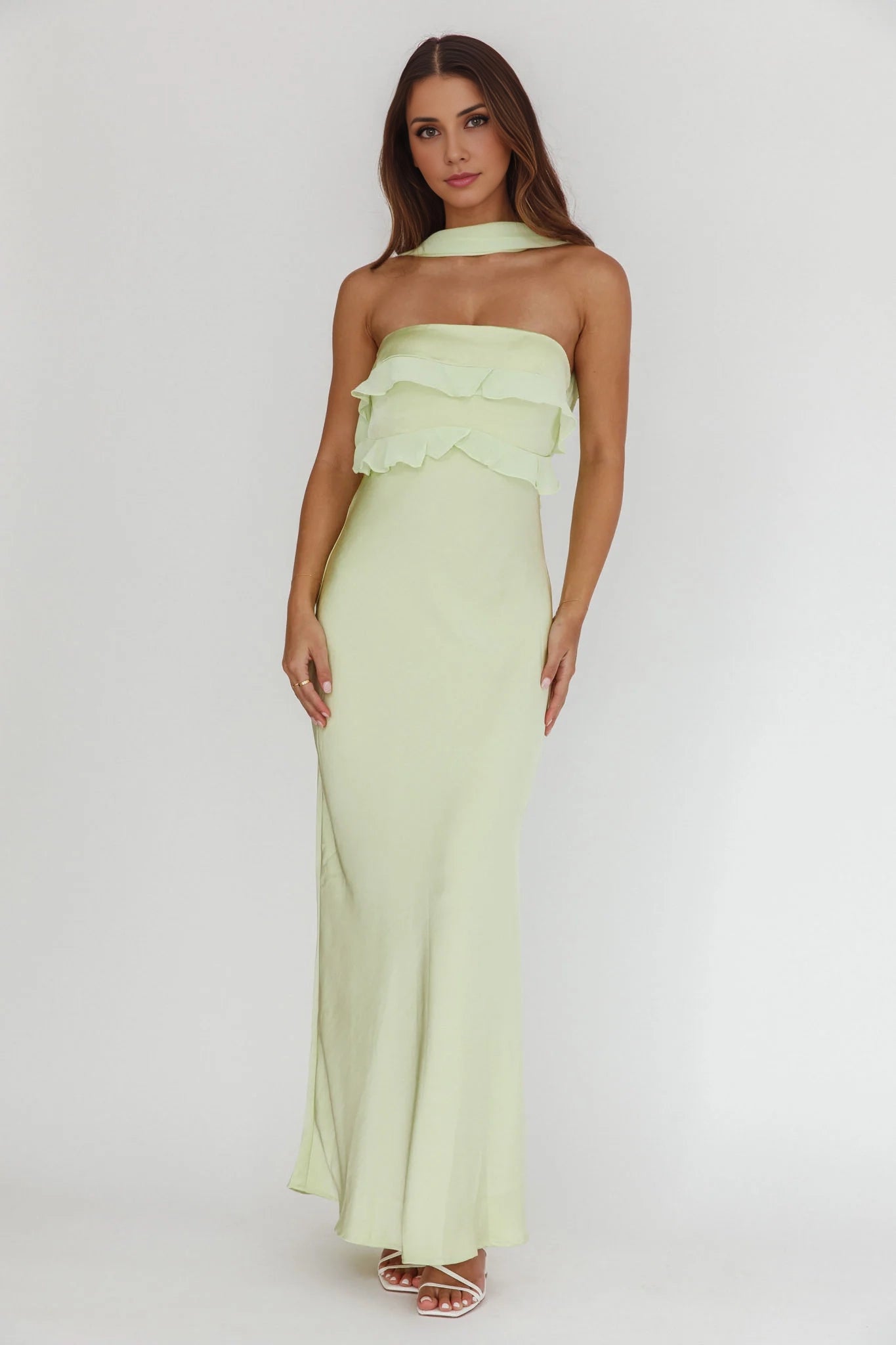 Elegant satin ultra long reverse hanging neck ruffled strapless bridesmaid dress