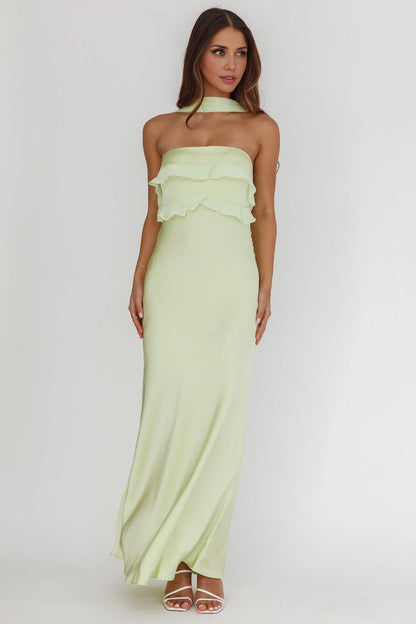Elegant satin ultra long reverse hanging neck ruffled strapless bridesmaid dress