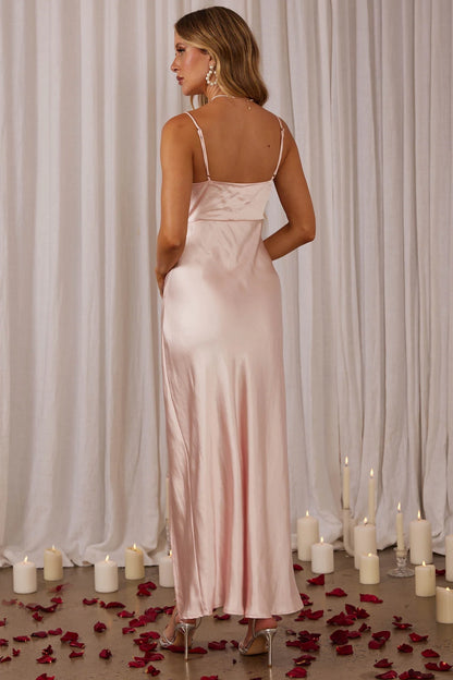 Elegant satin unlined front slit pleated detail with adjustable shoulder straps and invisible zipper bridesmaid dress