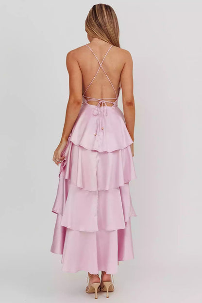 Elegant satin with extra long lining and layered ruffled straps, featuring a zipper on the backless Bridesmaid Dresses