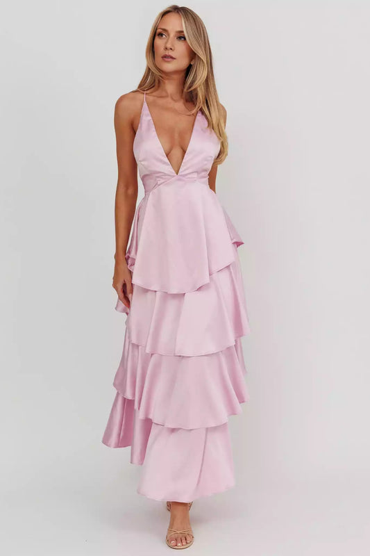 Elegant satin with extra long lining and layered ruffled straps, featuring a zipper on the backless Bridesmaid Dresses