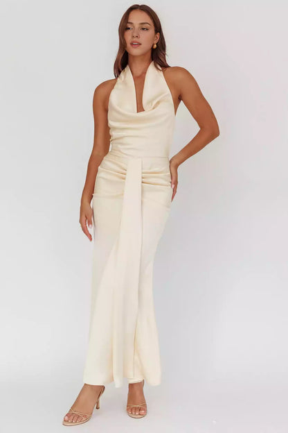 Elegant scarf style backless lining with pleated details and zipper at the back Bridesmaid Dresses