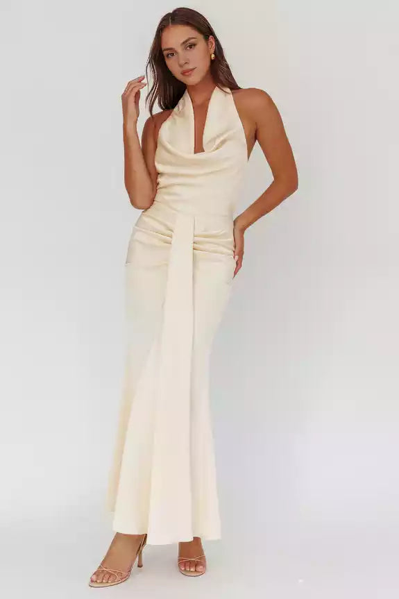 Elegant scarf style backless lining with pleated details and zipper at the back Bridesmaid Dresses
