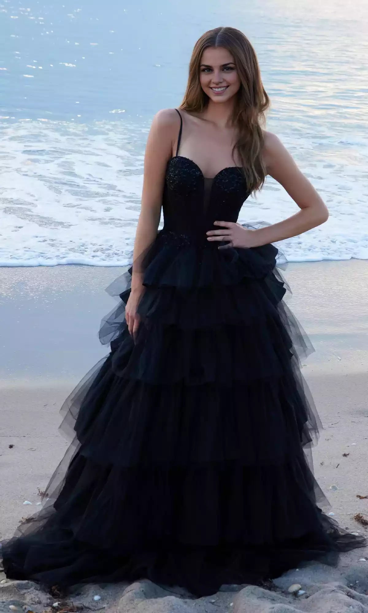 Elegant sequined corset with adjustable thin shoulder straps and multi-layered ruffled edge chiffon Prom Dresses