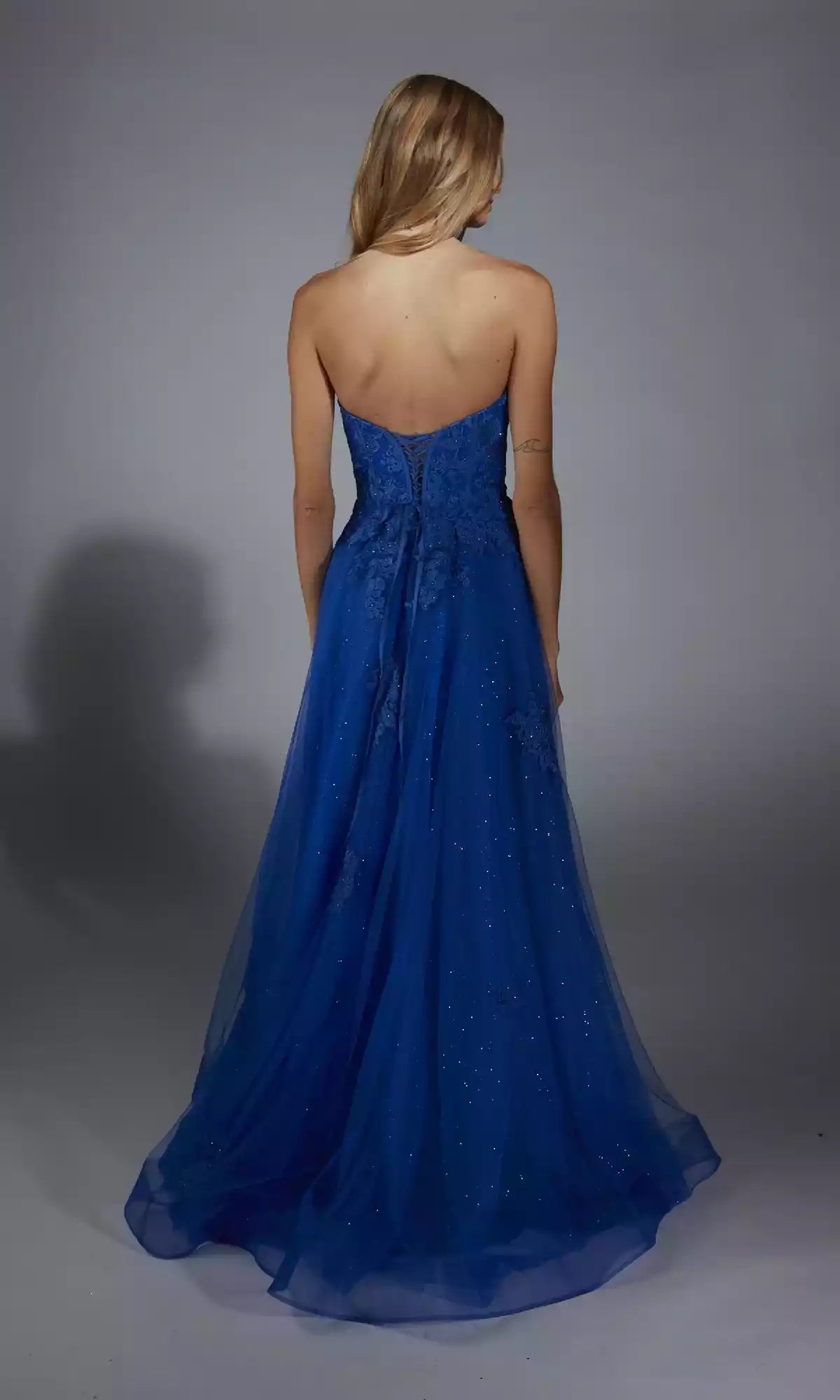 Elegant shiny chiffon long strapless tight corset lace applique slit A-line Prom Dresses