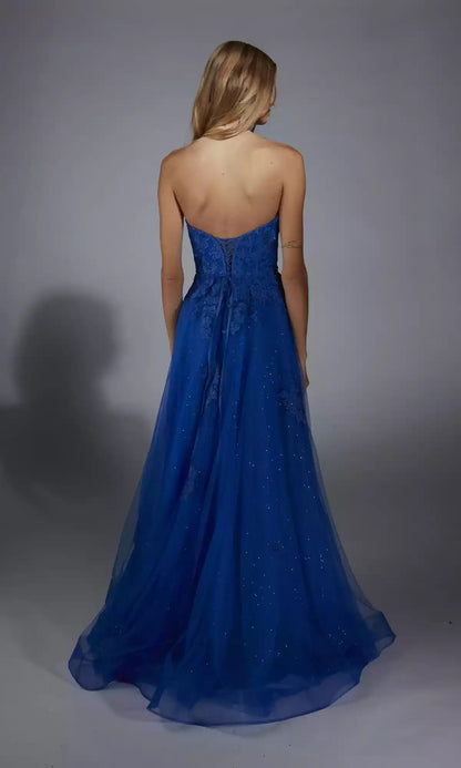 Elegant shiny chiffon long strapless tight corset lace applique slit A-line Prom Dresses