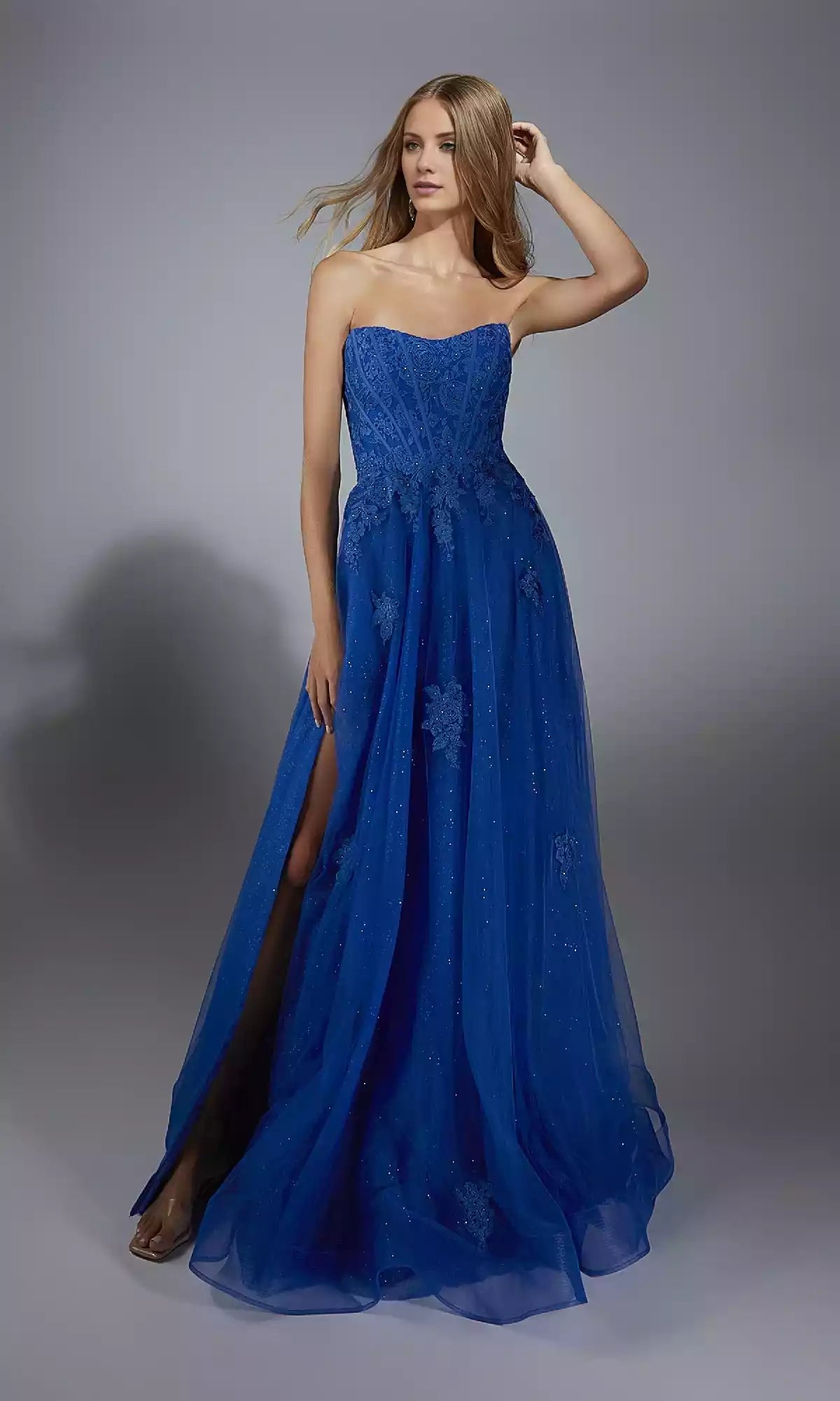 Elegant shiny chiffon long strapless tight corset lace applique slit A-line Prom Dresses