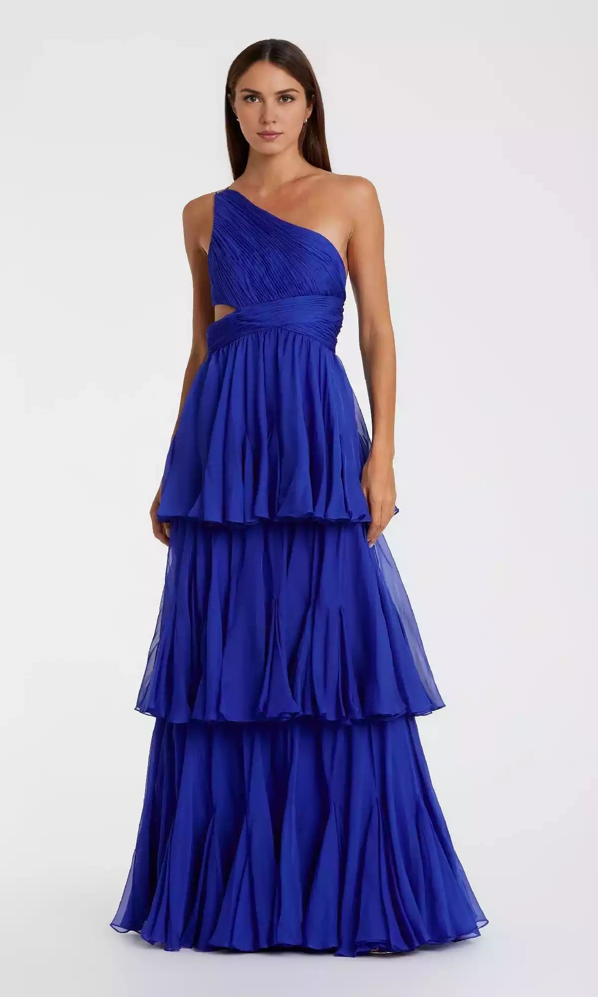 Elegant shoulder lotus leaf edge long asymmetric neckline chiffon pleats side hollow A-line skirt layered ruffle edges Prom Dresses