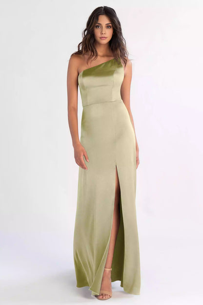 Elegant single shoulder satin asymmetrical neckline, slim shoulder strap, slim fit A-line skirt with slits, Bridesmaid Dresses