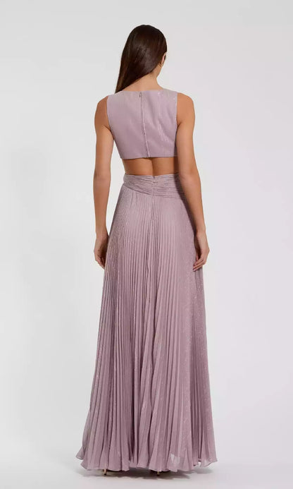 Elegant sleeveless chiffon pleated V-neck with hollowed out rose A-line pleated skirt slit Prom Dresses