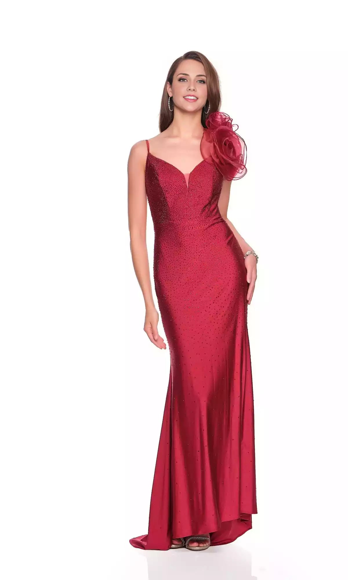 Elegant sleeveless long V-neck slim shoulder strap backless sheer floral decal Prom Dresses