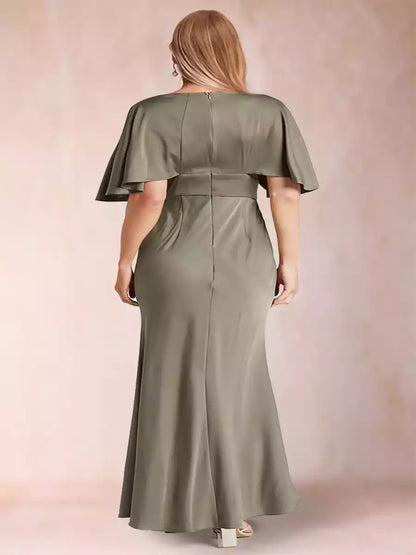 Elegant slim fit/straight V-neck short sleeved silk satin plus side slit Mother of the Bride Dresses