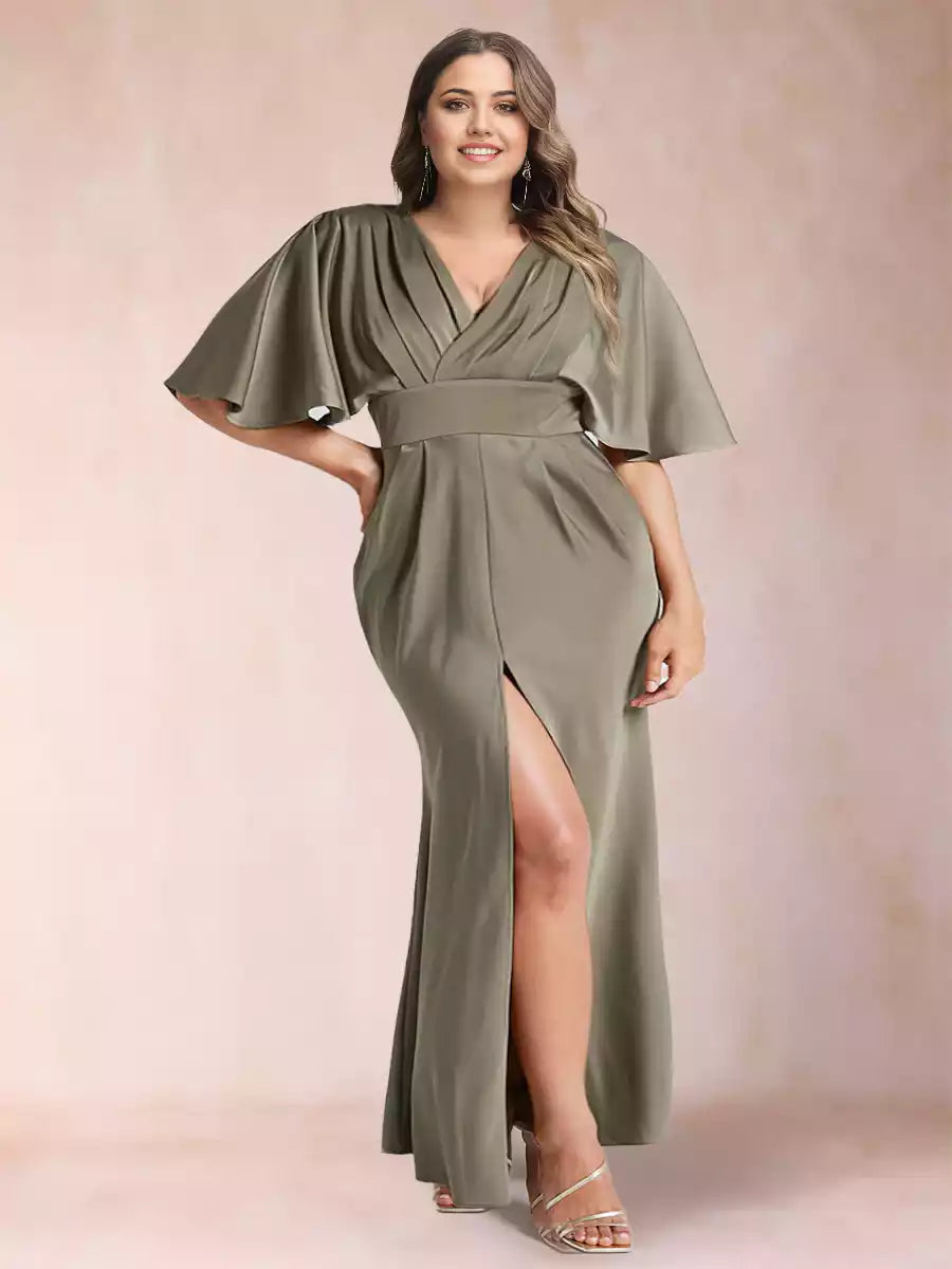 Elegant slim fit/straight V-neck short sleeved silk satin plus side slit Mother of the Bride Dresses