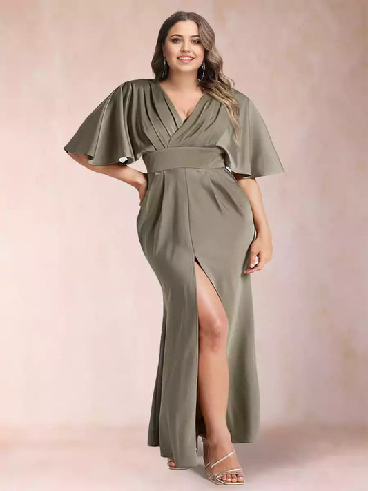 Elegant slim fit/straight V-neck short sleeved silk satin plus side slit Mother of the Bride Dresses