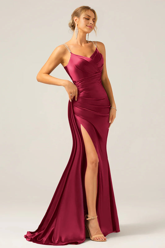 Elegant slim mermaid slim shoulder strap pleated sequin slit bridesmaid dress