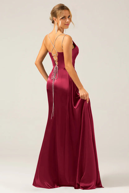 Elegant slim mermaid slim shoulder strap pleated sequin slit bridesmaid dress